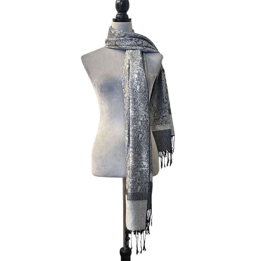 Unisex Black Paisley Jacquard Pashmina Silk Wool Shawl Wrap Scarf Boho